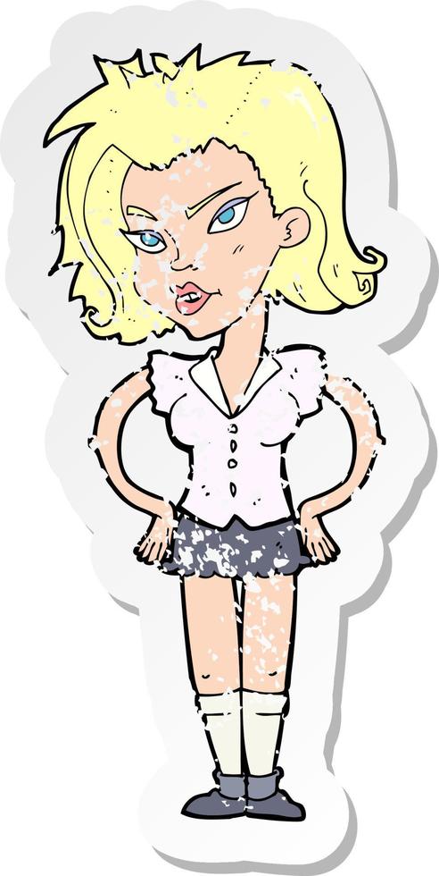 retro distressed sticker of a cartoon woman with hands on hips vector