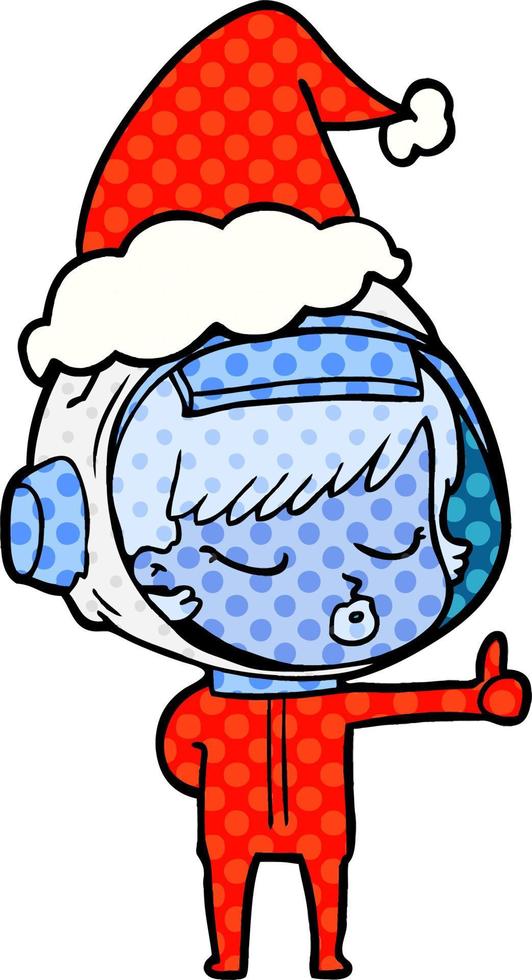 comic book style illustration of a pretty astronaut girl giving thumbs up wearing santa hat vector