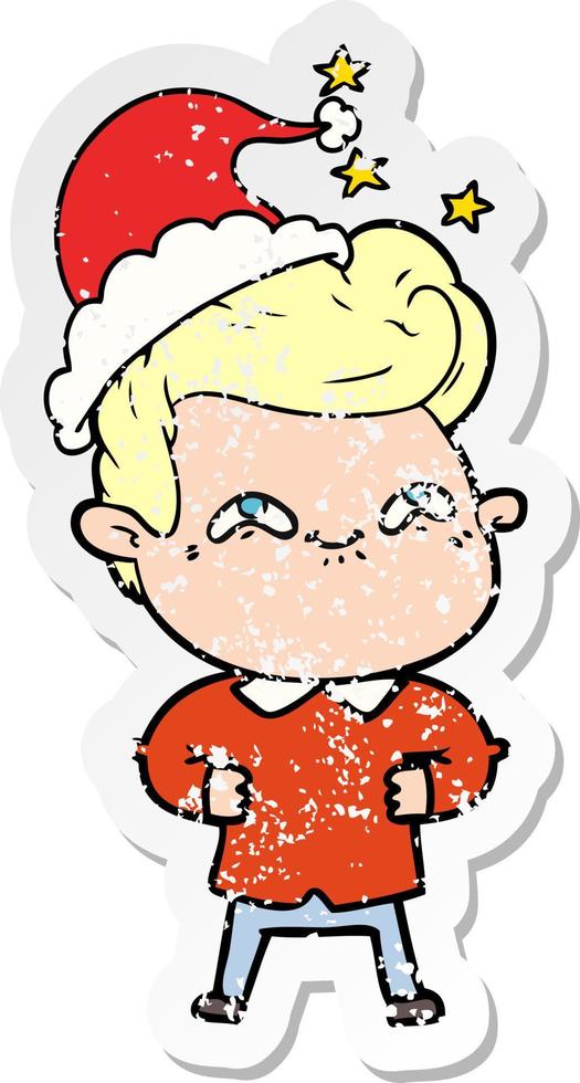 distressed sticker cartoon of a excited man wearing santa hat vector