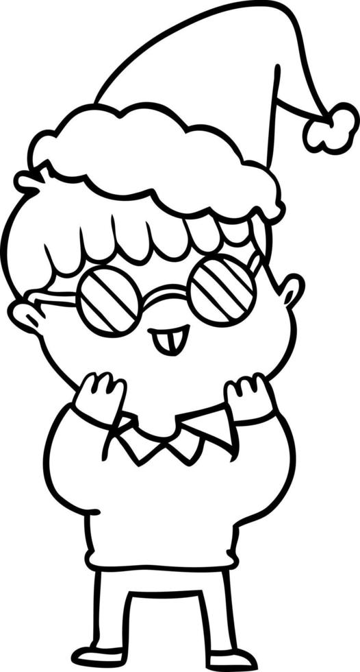 line drawing of a boy wearing spectacles wearing santa hat vector