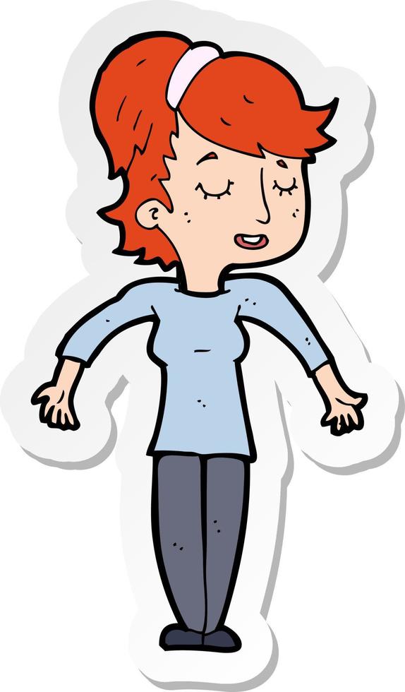 sticker of a cartoon friendly woman shrugging shoulders vector