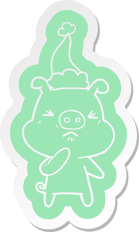 cartoon  sticker of a angry pig wearing santa hat vector