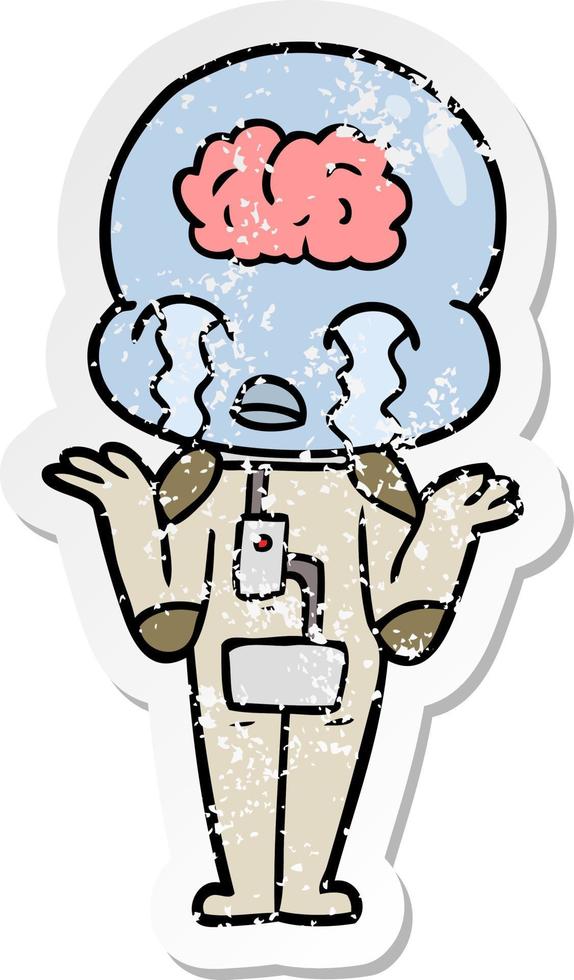 distressed sticker of a cartoon big brain alien crying vector