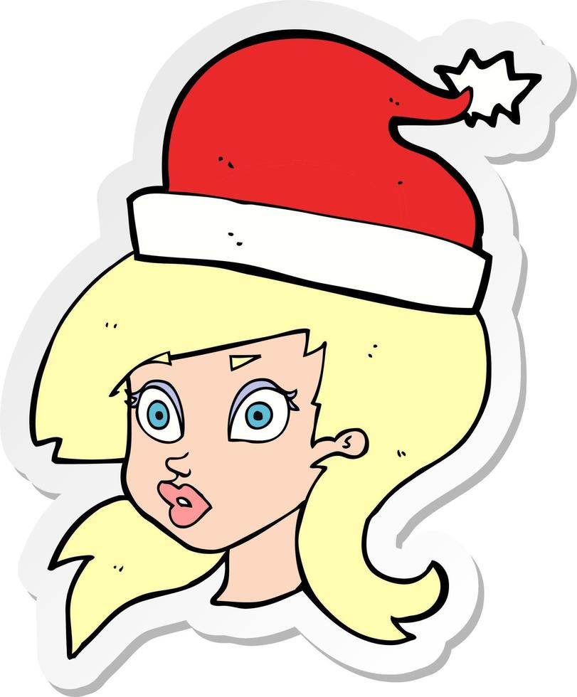 sticker of a cartoon woman wearing christmas hat vector