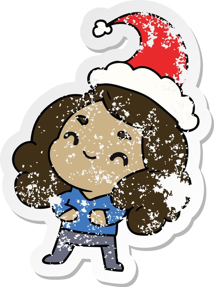 christmas distressed sticker cartoon of kawaii girl vector