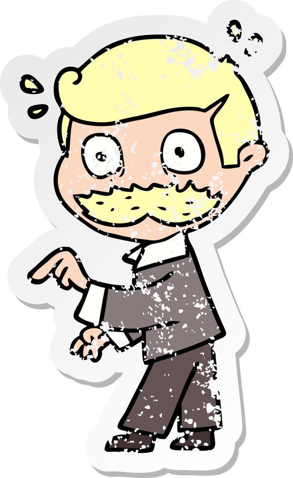 distressed sticker of a cartoon man with mustache making a point vector