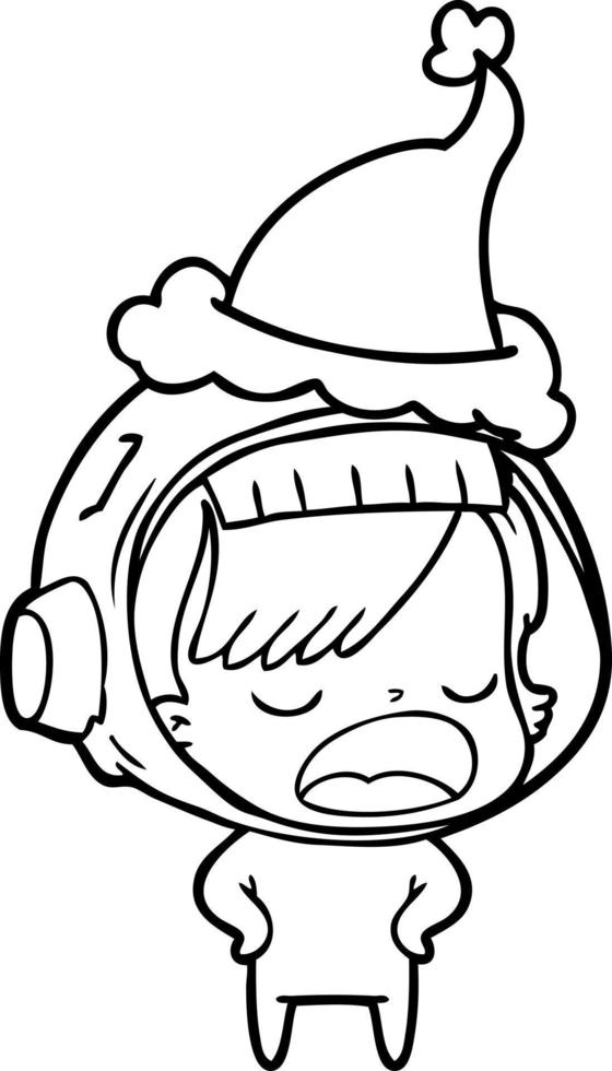 line drawing of a astronaut woman explaining wearing santa hat vector