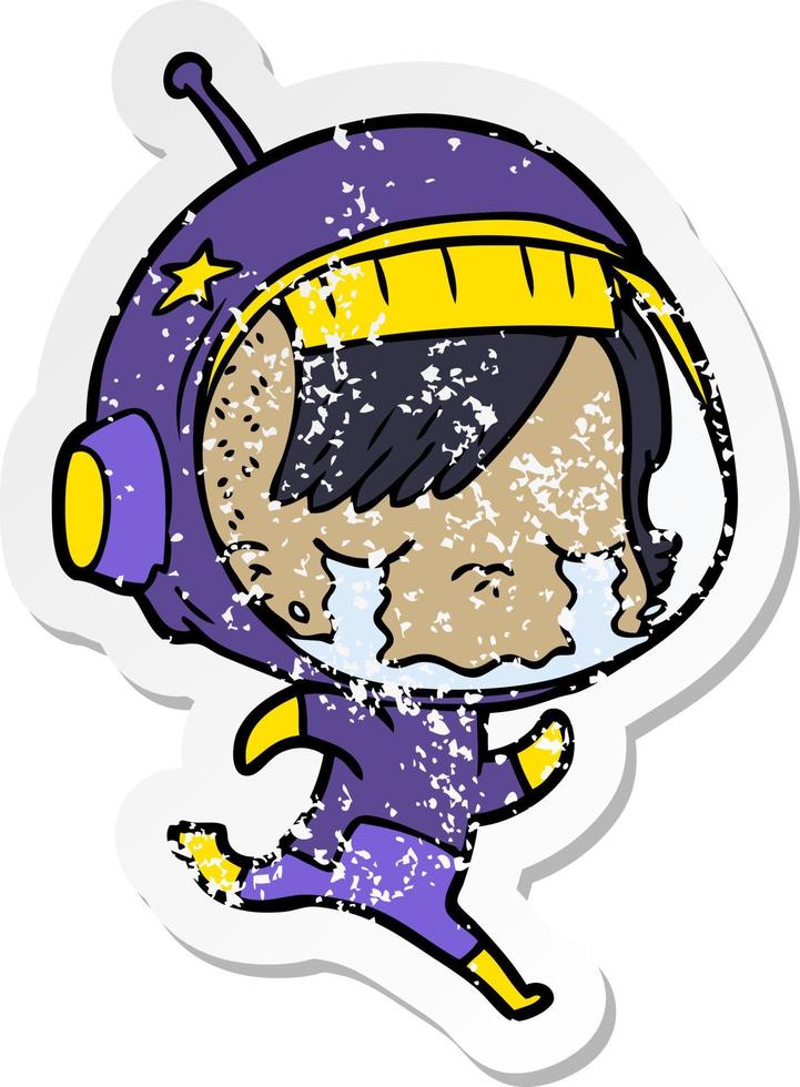 distressed sticker of a cartoon crying astronaut girl vector