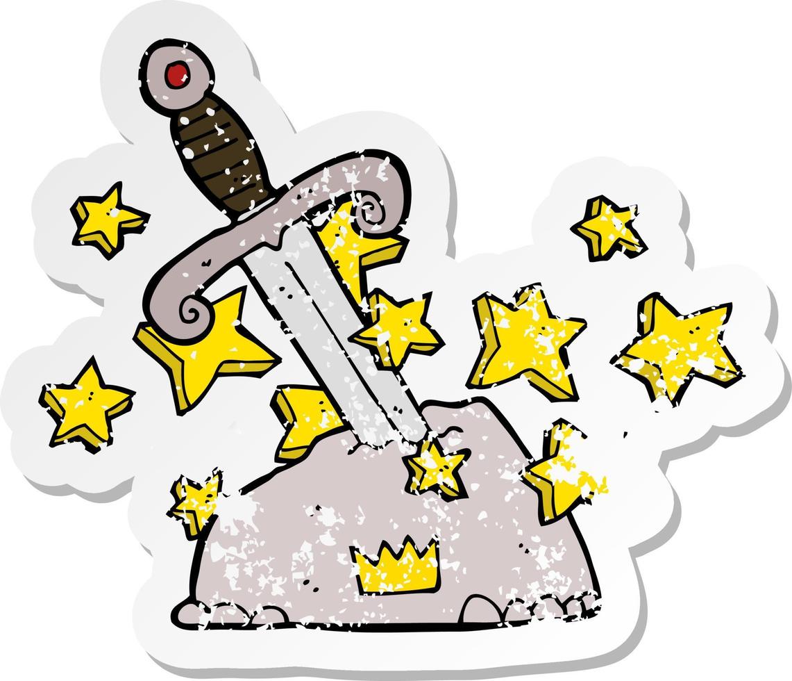 retro distressed sticker of a cartoon magical sword in stone vector