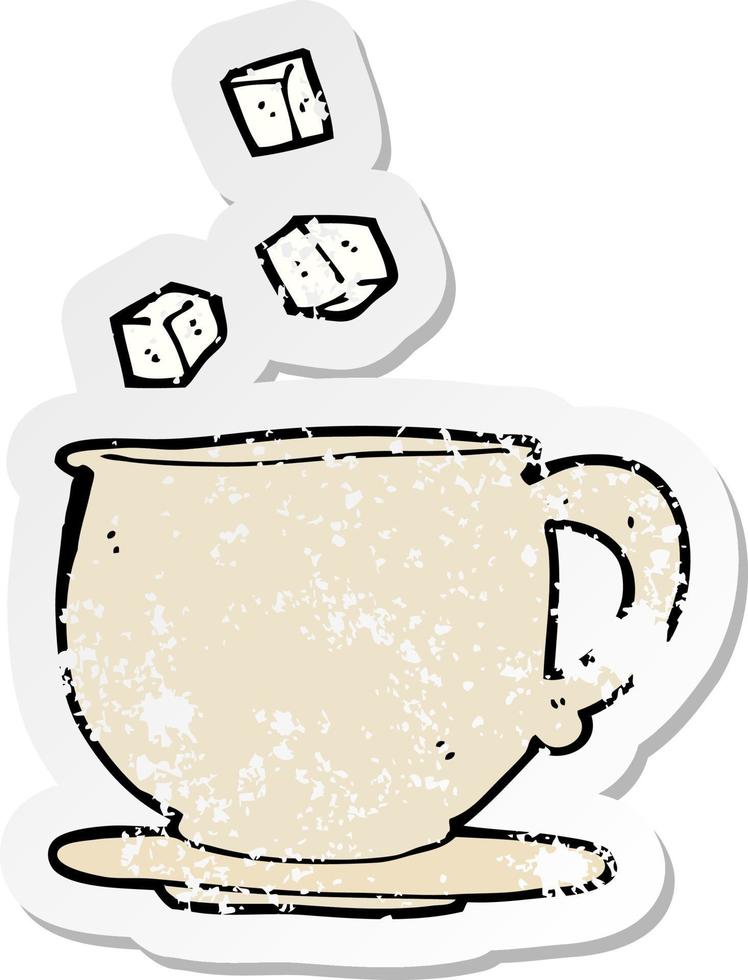 pegatina retro angustiada de una taza de té de dibujos animados con cubos de azúcar vector