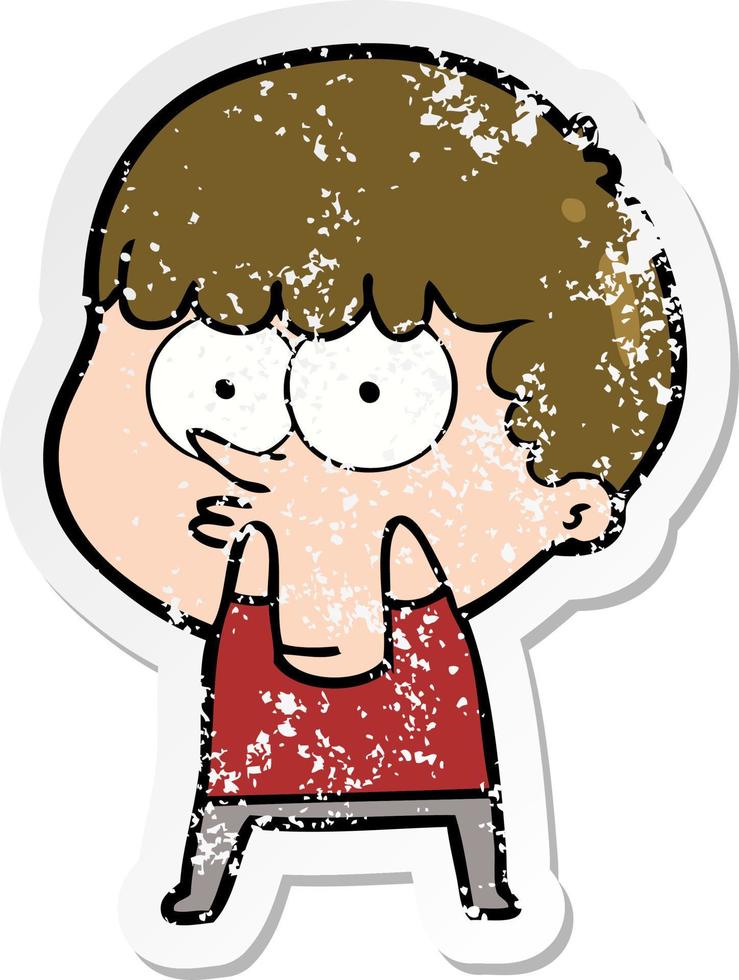 distressed sticker of a cartoon curious boy vector