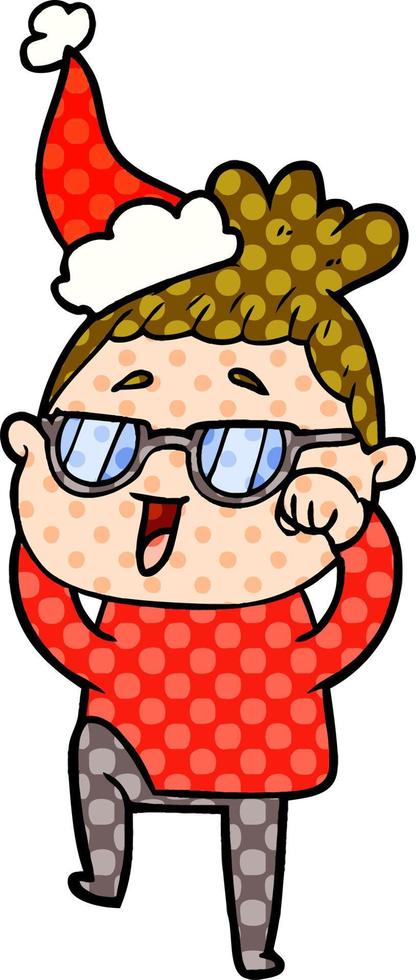 comic book style illustration of a happy woman wearing spectacles wearing santa hat vector