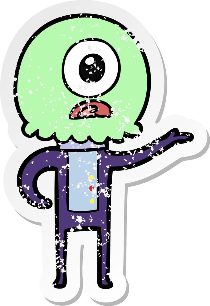 distressed sticker of a cartoon cyclops alien spaceman explaining vector