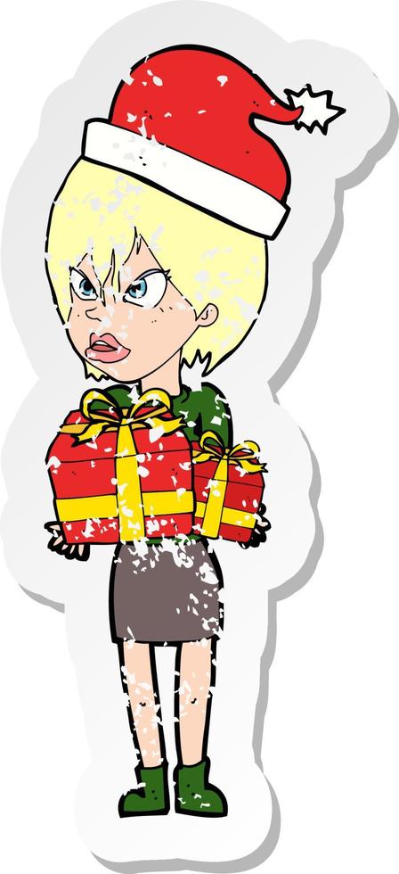 retro distressed sticker of a cartoon woman with present vector