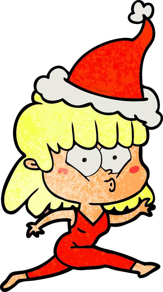 textured cartoon of a woman running wearing santa hat vector