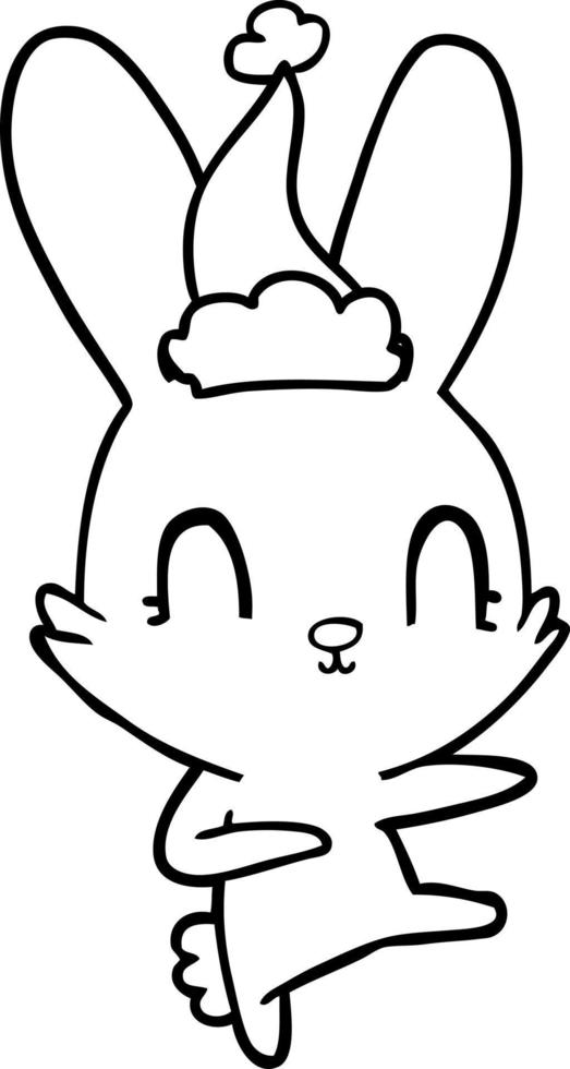 cute line drawing of a rabbit dancing wearing santa hat vector