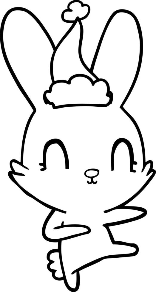 cute line drawing of a rabbit dancing wearing santa hat vector