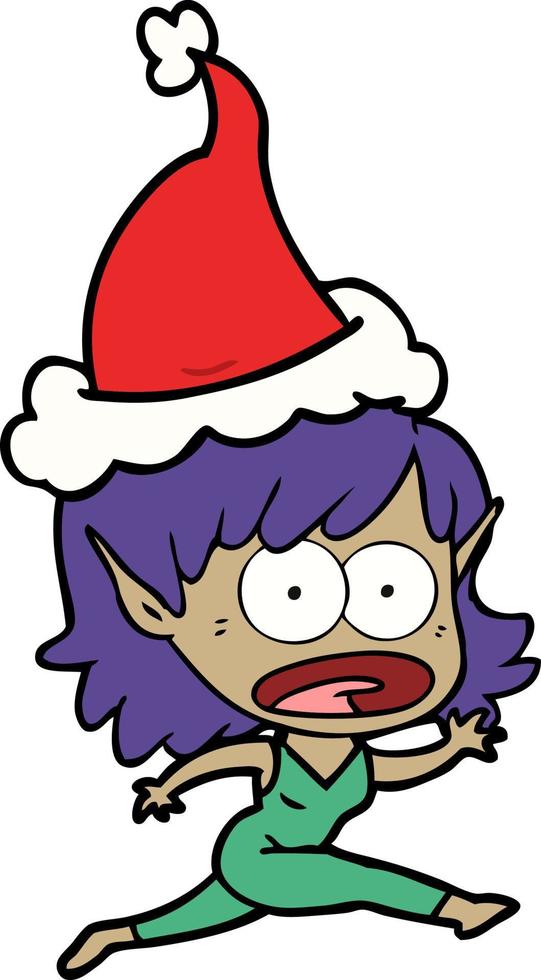 line drawing of a shocked elf girl wearing santa hat vector