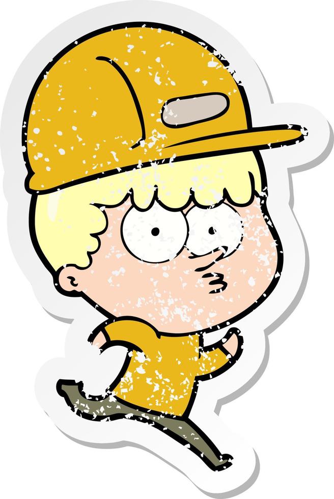 distressed sticker of a cartoon man in builders hat running vector