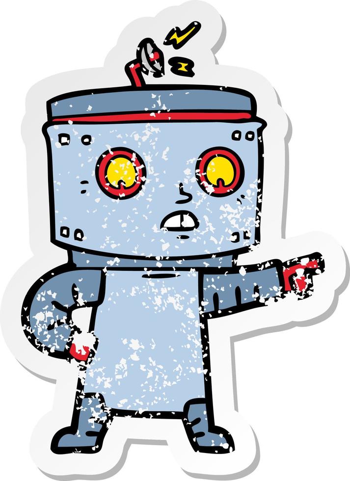 distressed sticker of a cartoon robot pointing vector