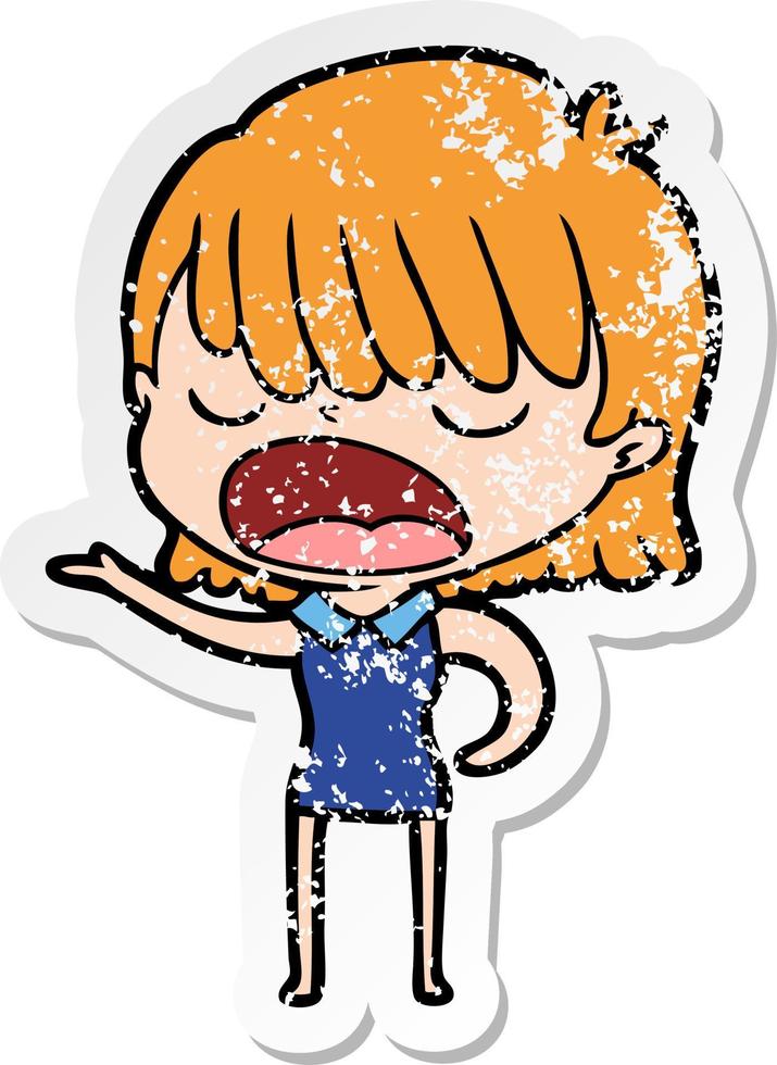 distressed sticker of a cartoon woman talking loudly vector