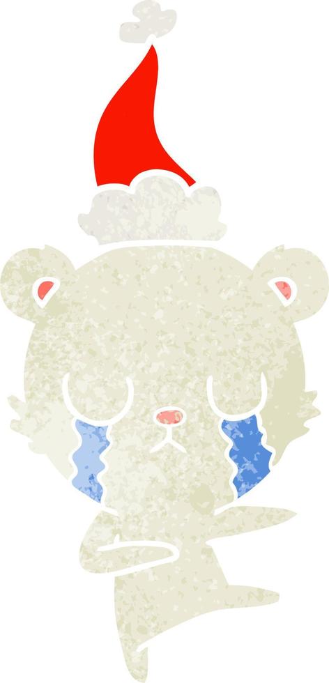 dibujos animados retro de oso polar llorando de un sombrero de santa vector