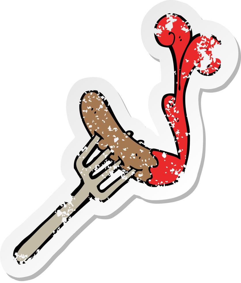 retro distressed sticker of a cartoon hotdog and ketchup vector