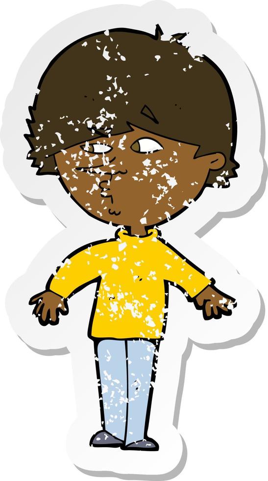 retro distressed sticker of a cartoon suspicious man looking over shoulder vector