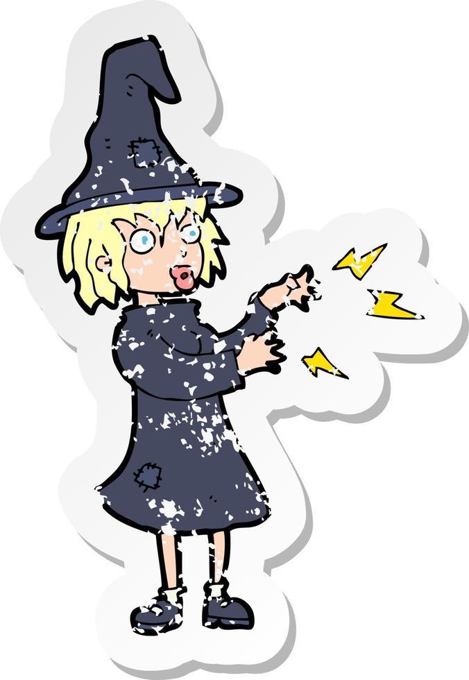 retro distressed sticker of a cartoon witch casting spell vector