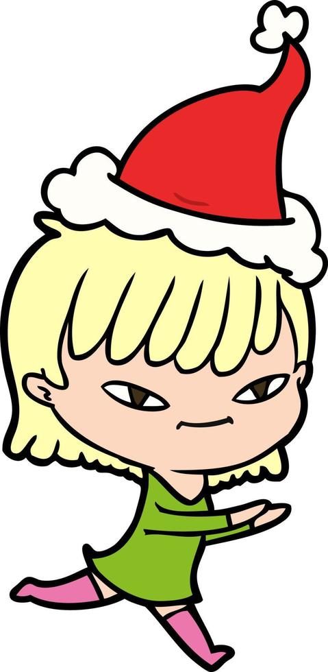 line drawing of a woman wearing santa hat vector