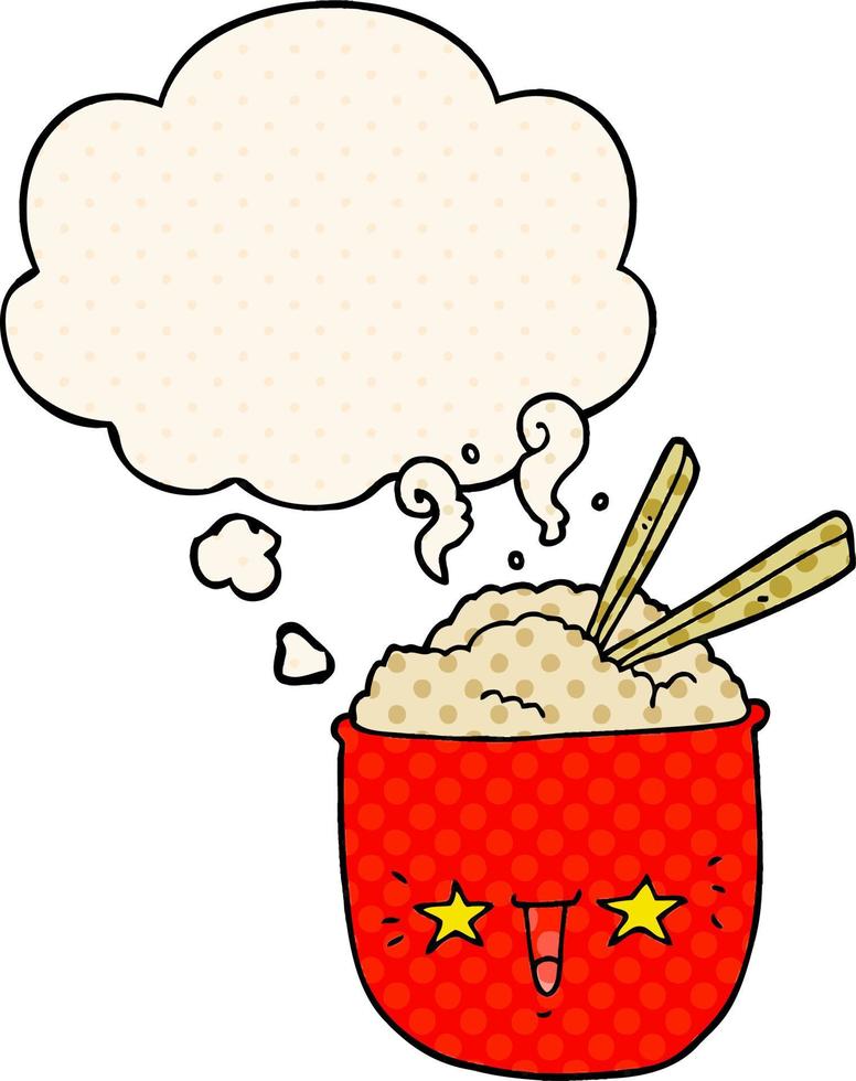 cartoon rice bowl with face and thought bubble in comic book style vector