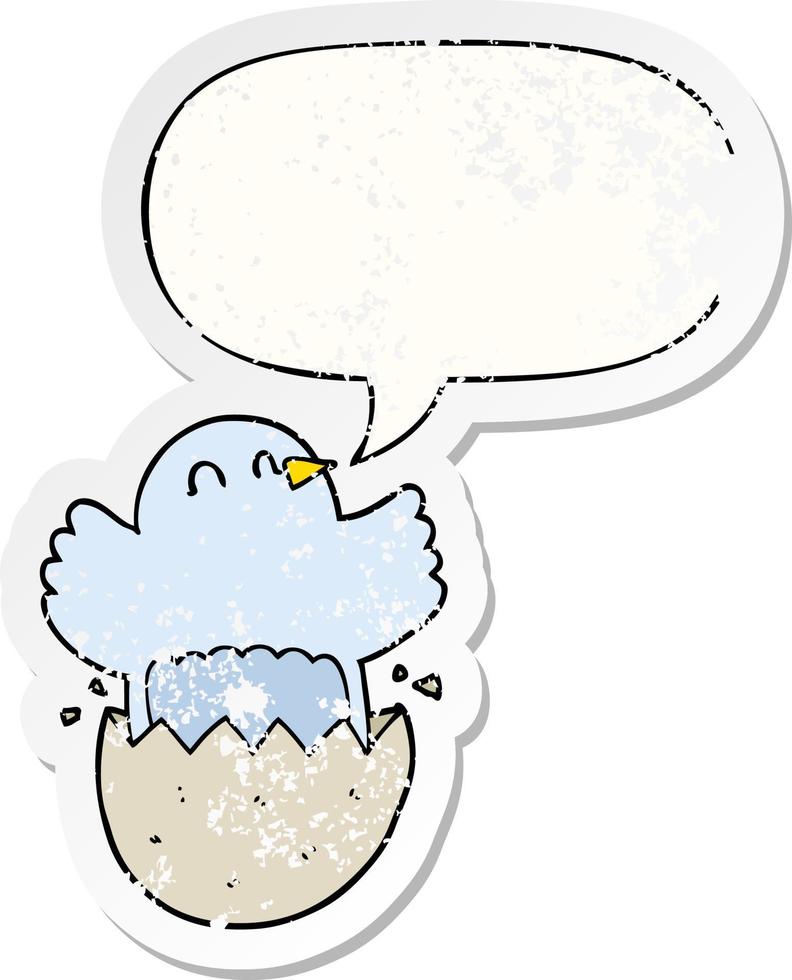 cartoon hatching chicken and speech bubble distressed sticker vector