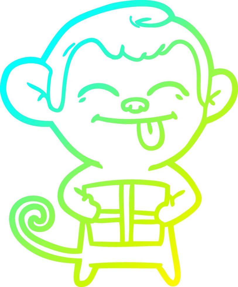 cold gradient line drawing funny cartoon monkey with christmas present vector