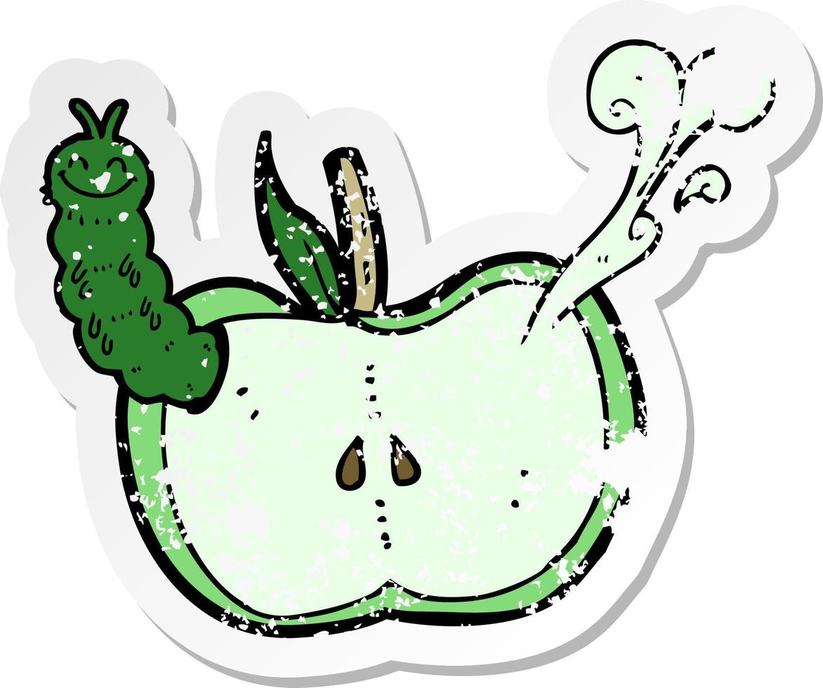 retro distressed sticker of a cartoon apple with bug vector