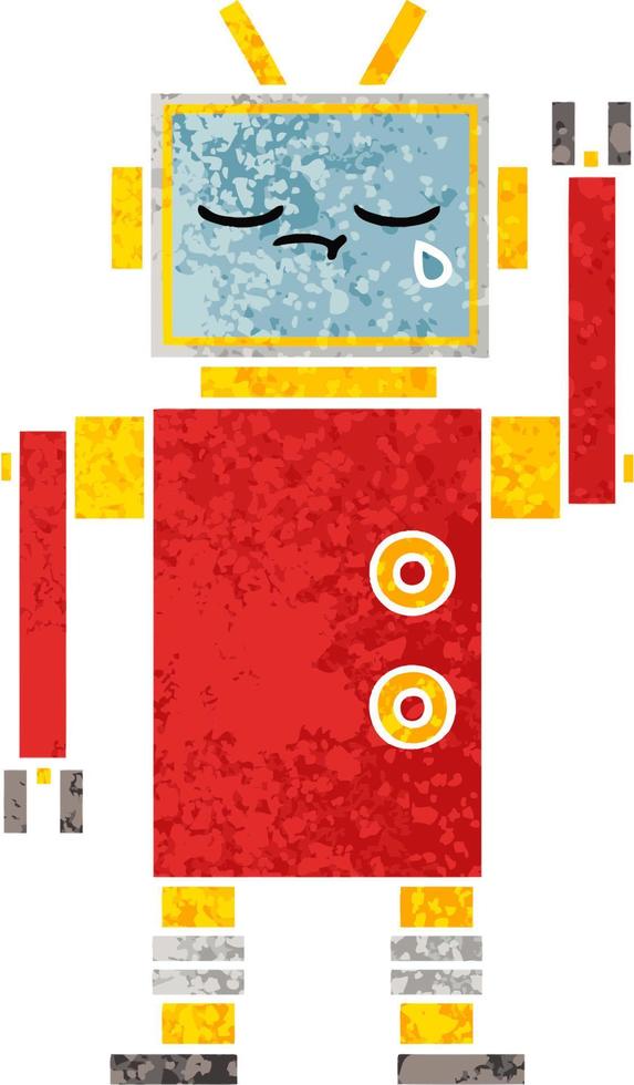 retro illustration style cartoon crying robot vector