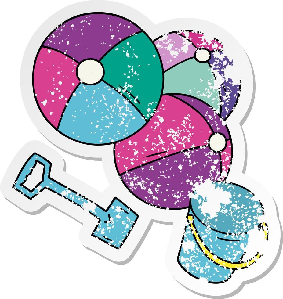 distressed sticker cartoon doodle beach balls with a bucket and spade vector