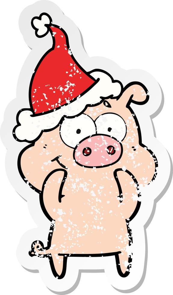 happy distressed sticker cartoon of a pig wearing santa hat vector