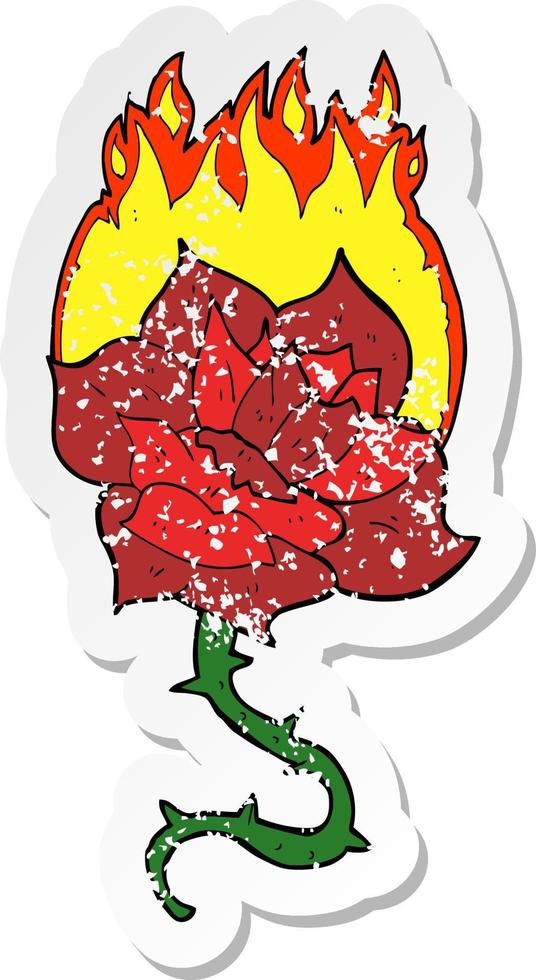 retro distressed sticker of a cartoon flaming rose tattoo vector