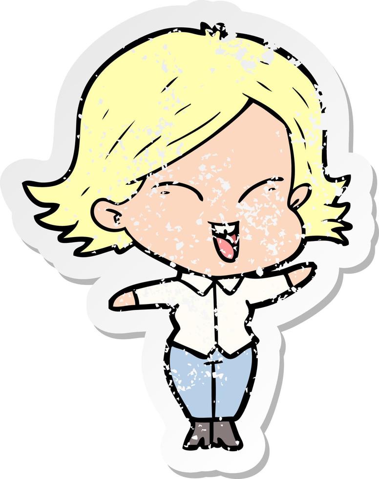 distressed sticker of a happy cartoon girl vector