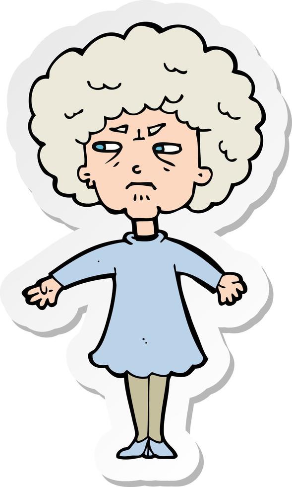 sticker of a cartoon bitter old woman vector