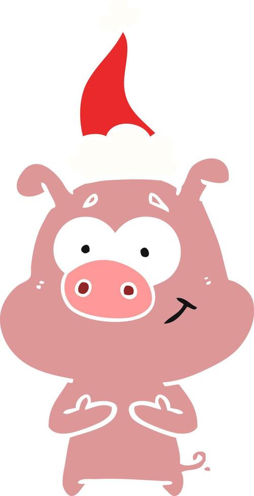 happy flat color illustration of a pig wearing santa hat vector