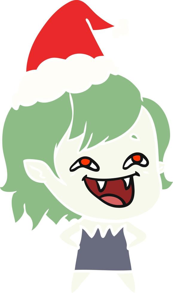 flat color illustration of a laughing vampire girl wearing santa hat vector