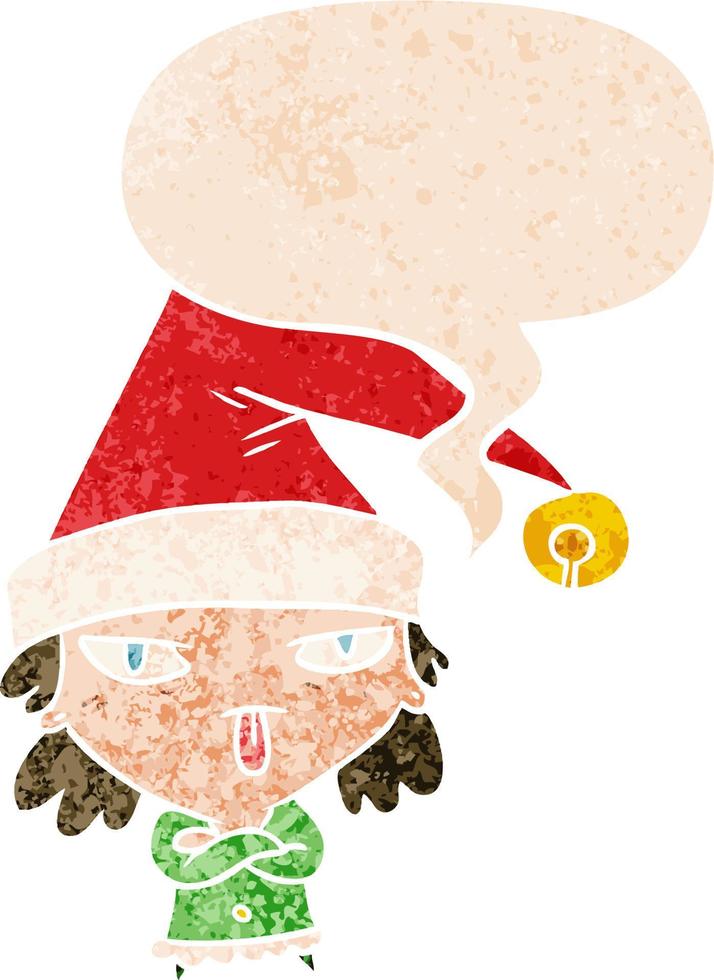 cartoon girl wearing christmas hat and speech bubble in retro textured style vector