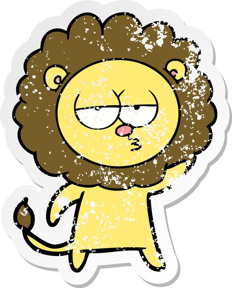 distressed sticker of a cartoon bored lion waving vector