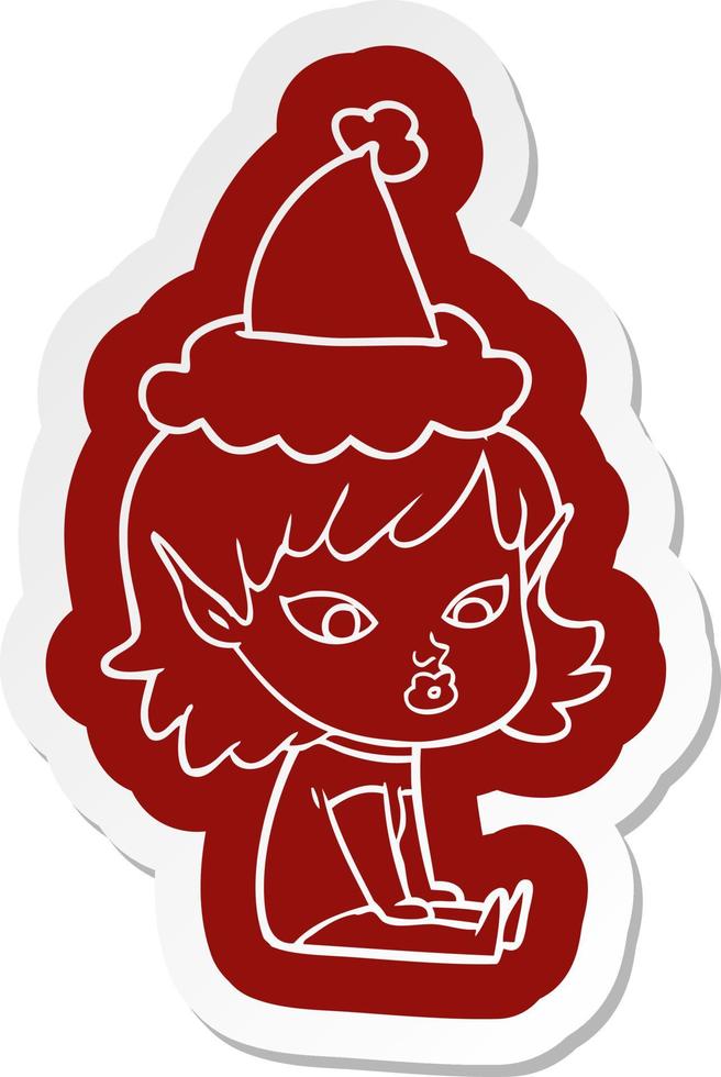 pretty cartoon  sticker of a elf girl wearing santa hat vector