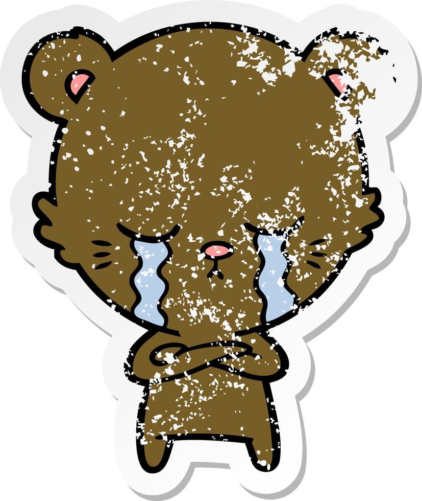 distressed sticker of a crying cartoon bear vector