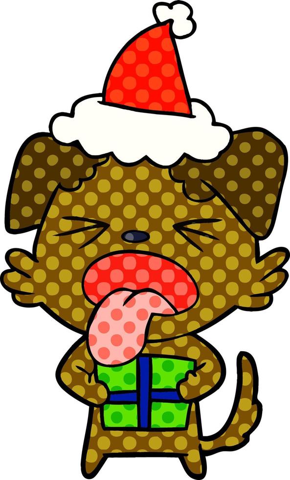 comic book style illustration of a dog with christmas present wearing santa hat vector
