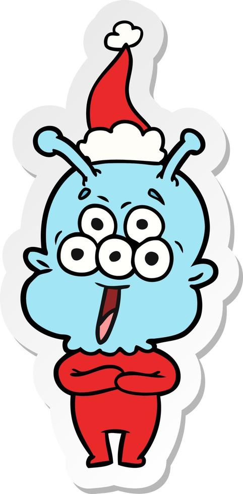 happy sticker cartoon of a alien wearing santa hat vector