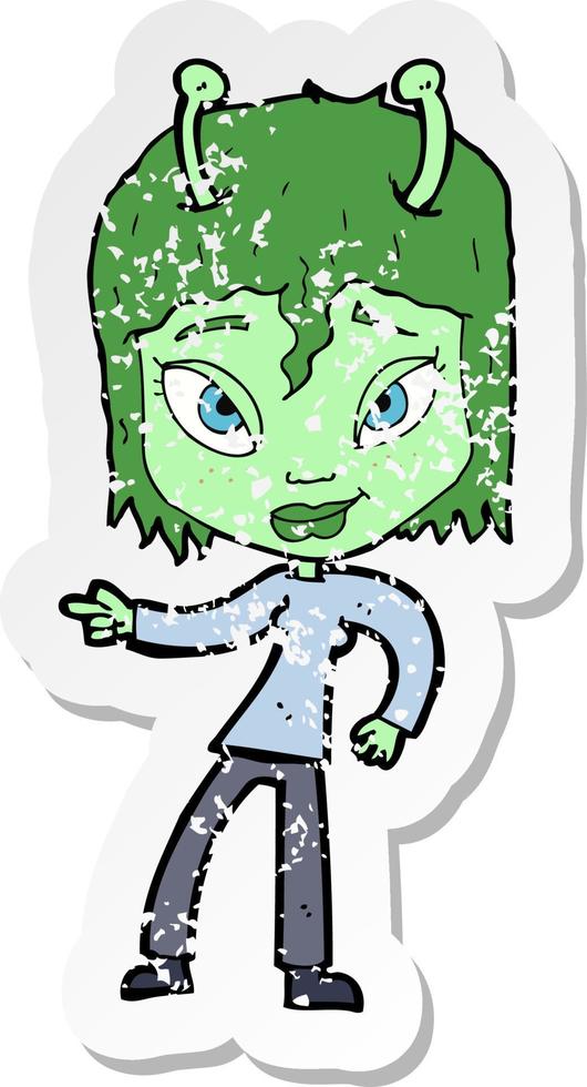 retro distressed sticker of a cartoon alien woman vector