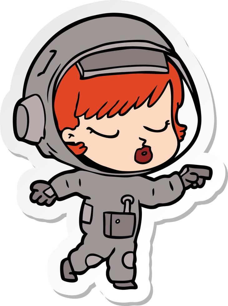 sticker of a cartoon pretty astronaut girl pointing vector